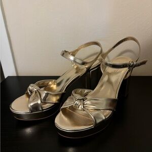 J Crew Gold Bow platform heeled sandals